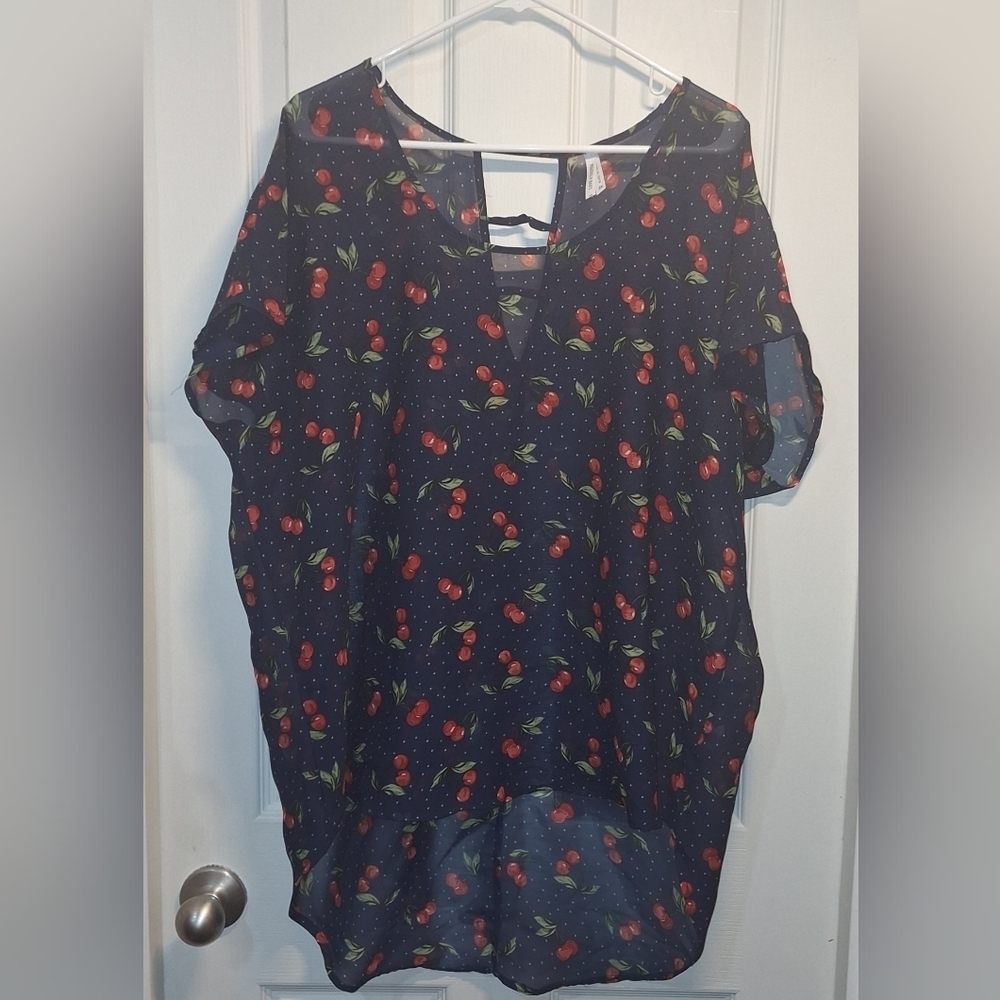 Live for Truth Navy Cherry Print Sheer Top 2X